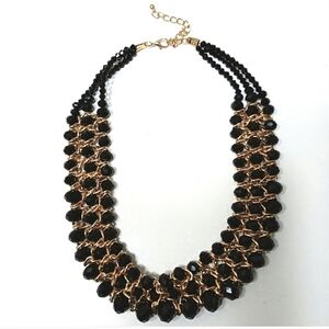 TRIPPLE LAYERED BLACK CRYSTAL AND GOLD STATEMENT NECKLACE NEW